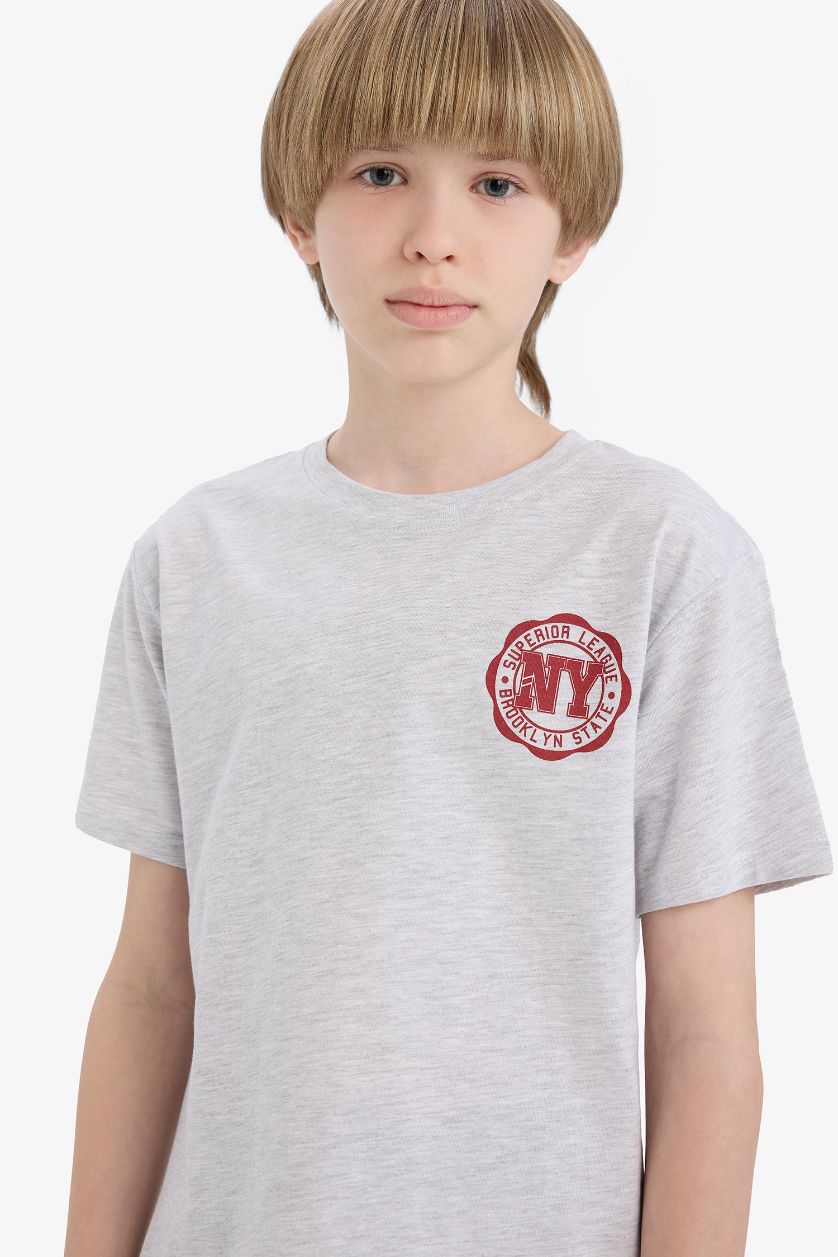 أولادي ميلانج رمادي فاتح تيشيرت نص كم مطبوع قصة عادية برقبة مستديرة