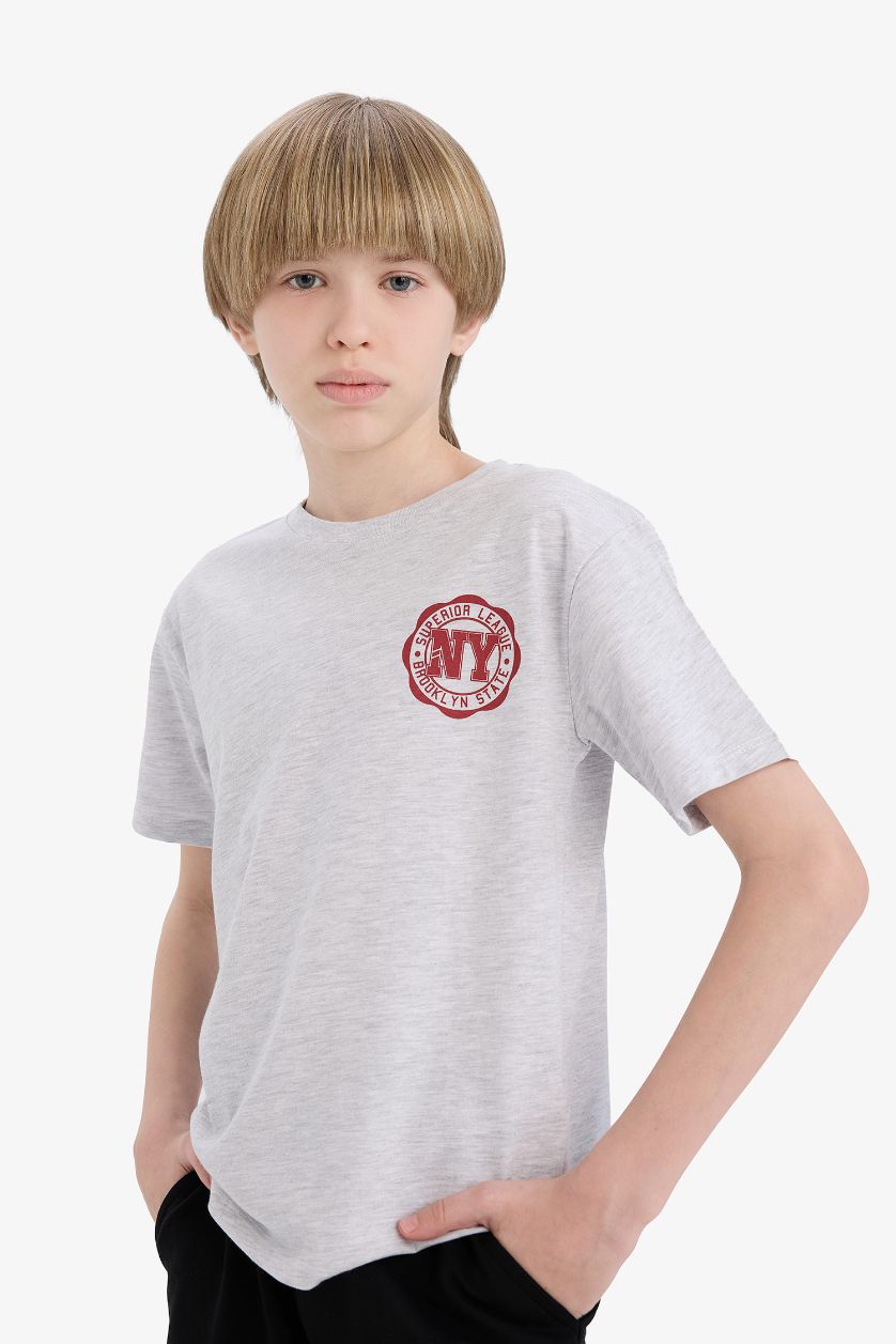 أولادي ميلانج رمادي فاتح تيشيرت نص كم مطبوع قصة عادية برقبة مستديرة