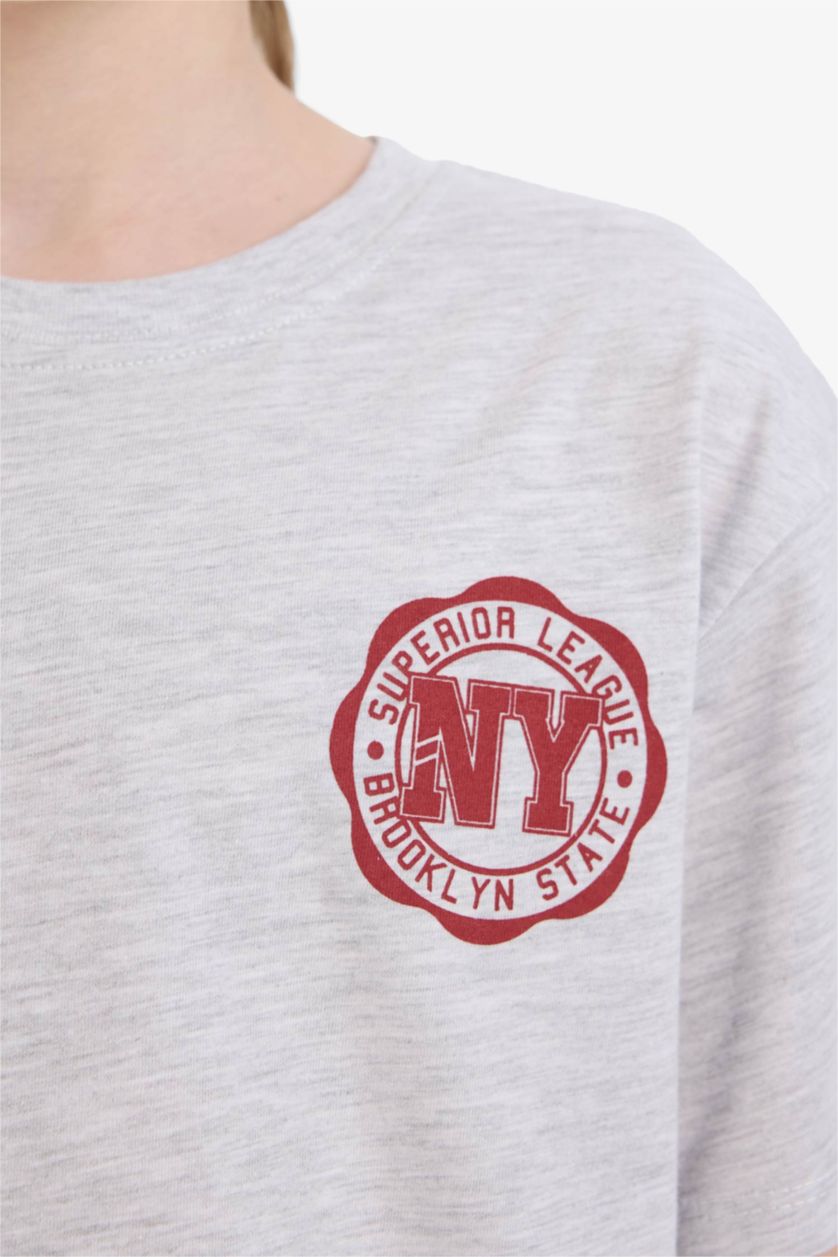 أولادي ميلانج رمادي فاتح تيشيرت نص كم مطبوع قصة عادية برقبة مستديرة