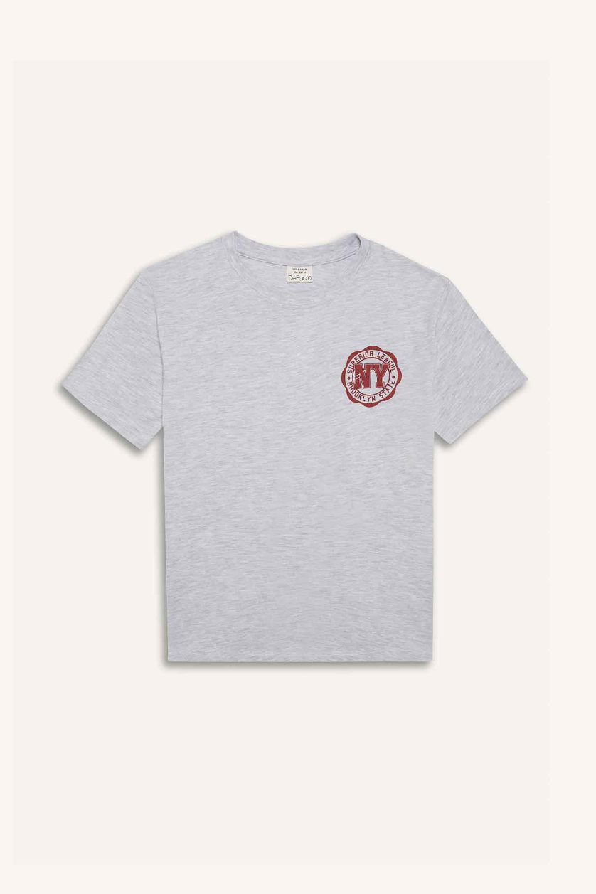 أولادي ميلانج رمادي فاتح تيشيرت نص كم مطبوع قصة عادية برقبة مستديرة