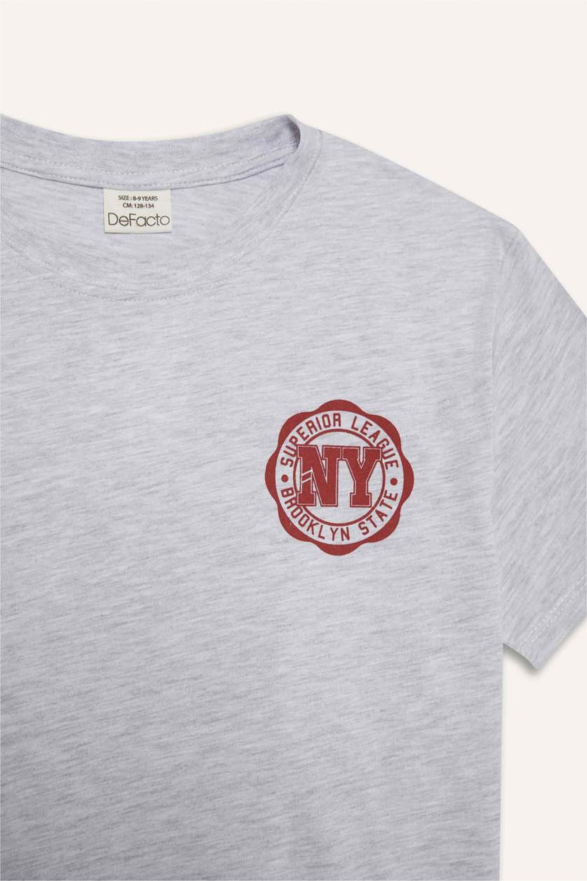 أولادي ميلانج رمادي فاتح تيشيرت نص كم مطبوع قصة عادية برقبة مستديرة