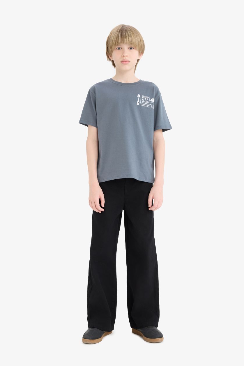 Erkek Çocuk - Genç Erkek Antrasit Bisiklet Yaka Baskılı Kısa Kollu Tişört Erkek Çocuk