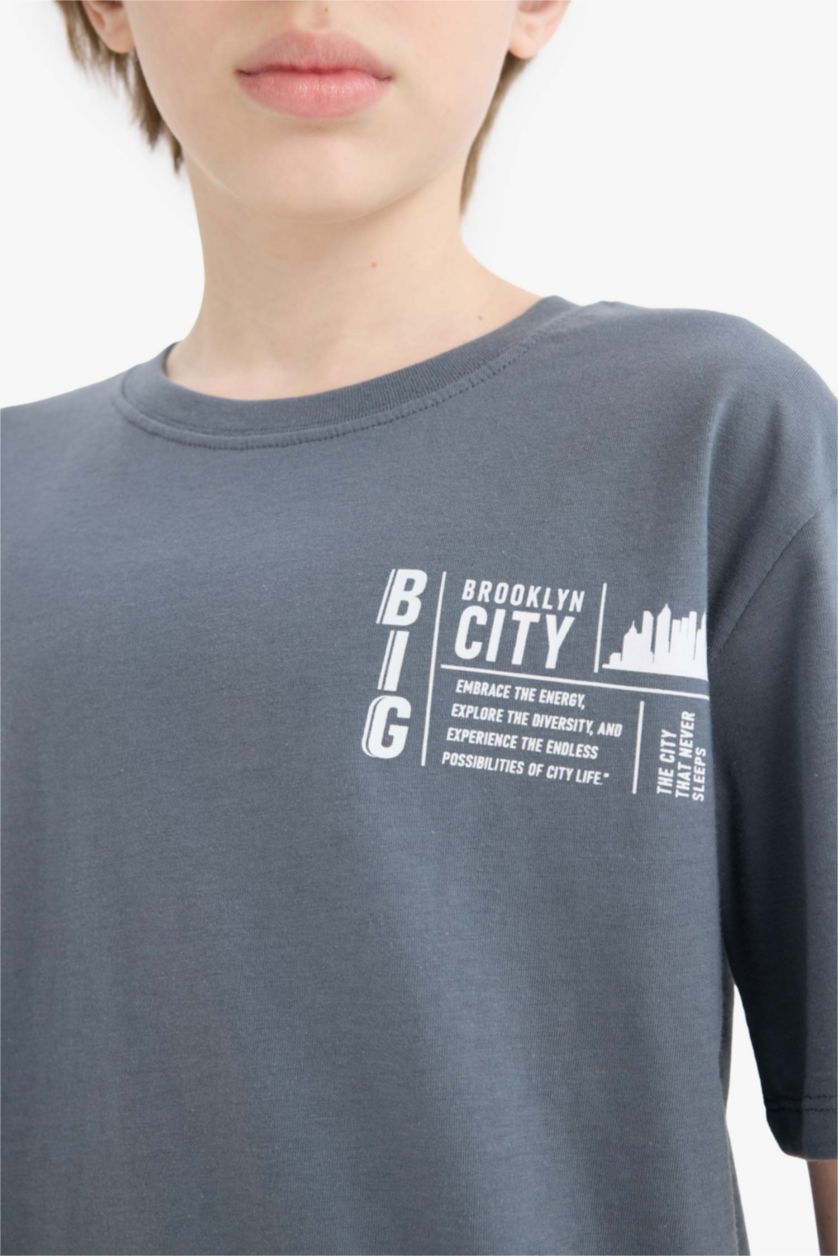 Erkek Çocuk - Genç Erkek Antrasit Bisiklet Yaka Baskılı Kısa Kollu Tişört Erkek Çocuk