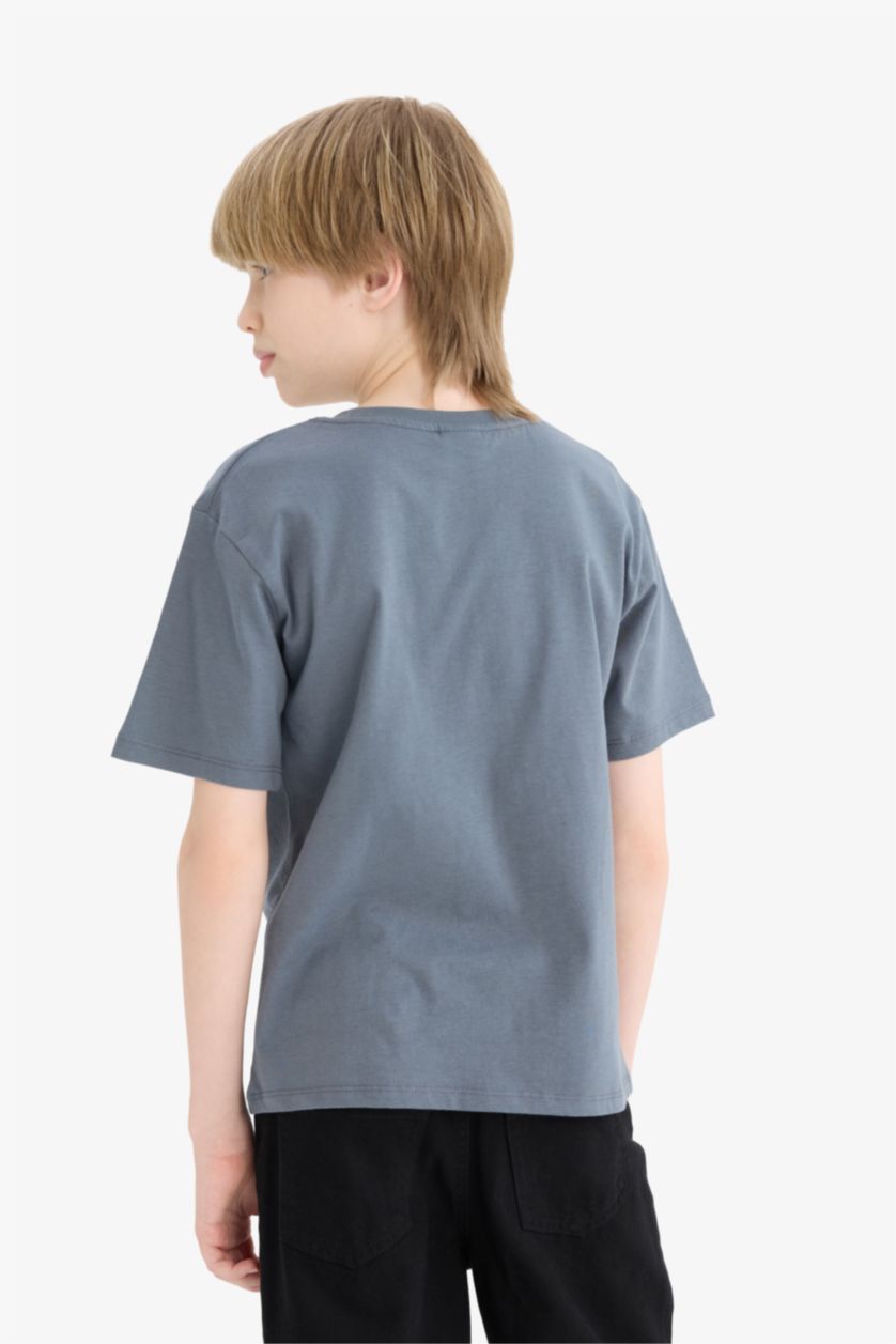 Erkek Çocuk - Genç Erkek Antrasit Bisiklet Yaka Baskılı Kısa Kollu Tişört Erkek Çocuk