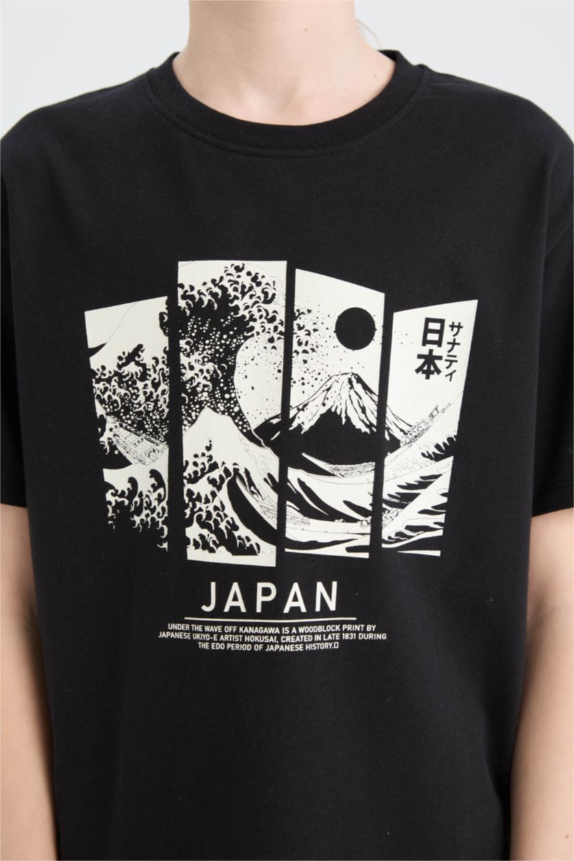 Erkek Çocuk - Genç Erkek Siyah Bisiklet Yaka Baskılı Kısa Kollu Tişört Erkek Çocuk