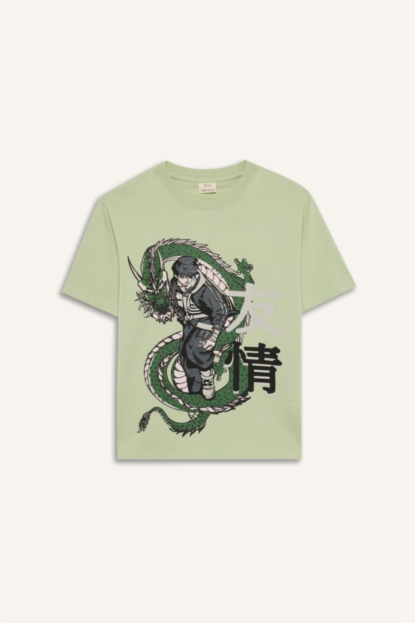 Erkek Çocuk - Genç Erkek Açık Yeşil Bisiklet Yaka Anime Baskılı Kısa Kollu Tişört Erkek Çocuk