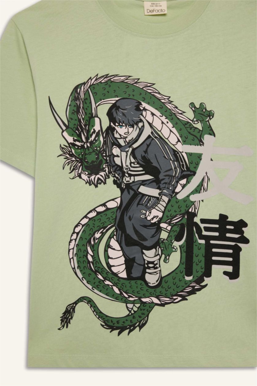 Erkek Çocuk - Genç Erkek Açık Yeşil Bisiklet Yaka Anime Baskılı Kısa Kollu Tişört Erkek Çocuk