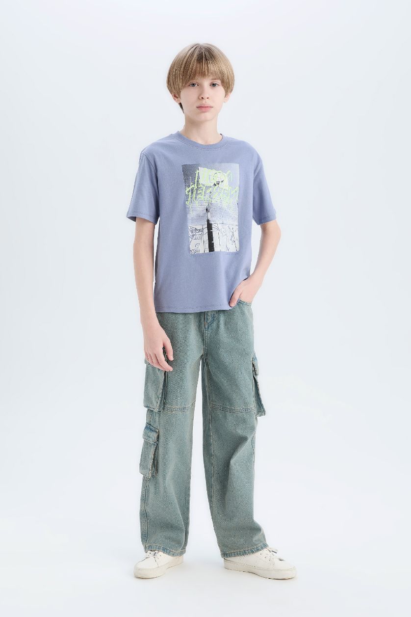 أولاد أزرق تيشيرت أولاد مطبوع قصة عادية برقبة مستديرة