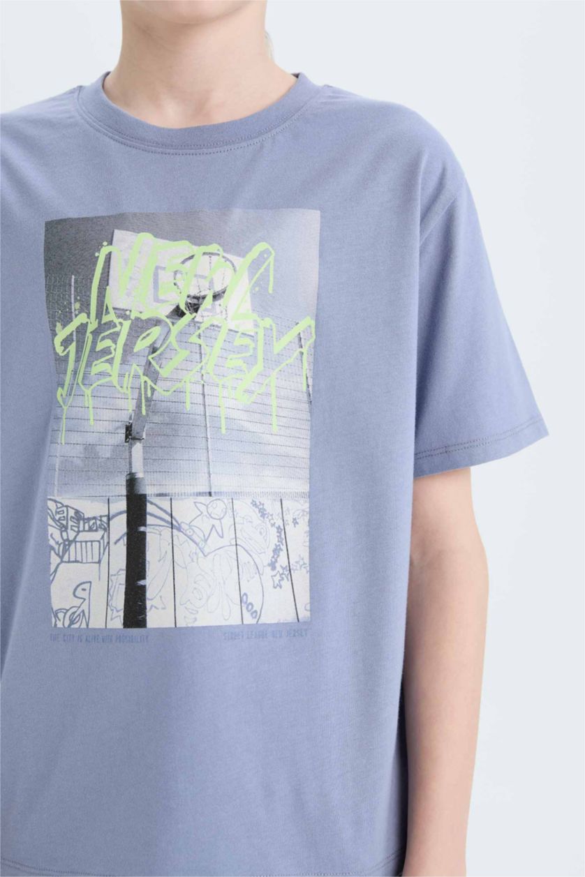 أولاد أزرق تيشيرت أولاد مطبوع قصة عادية برقبة مستديرة