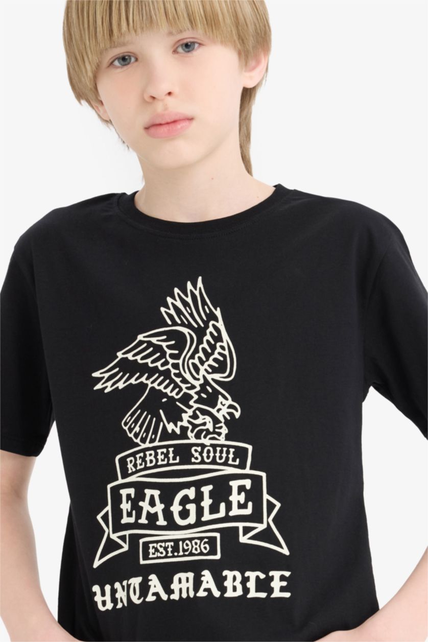 Erkek Çocuk - Genç Erkek Siyah Bisiklet Yaka Baskılı Kısa Kollu Tişört Erkek Çocuk