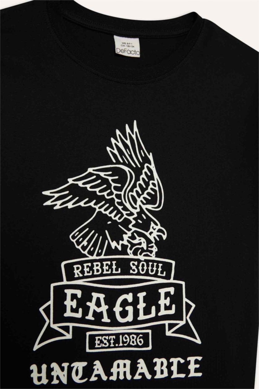 Erkek Çocuk - Genç Erkek Siyah Bisiklet Yaka Baskılı Kısa Kollu Tişört Erkek Çocuk