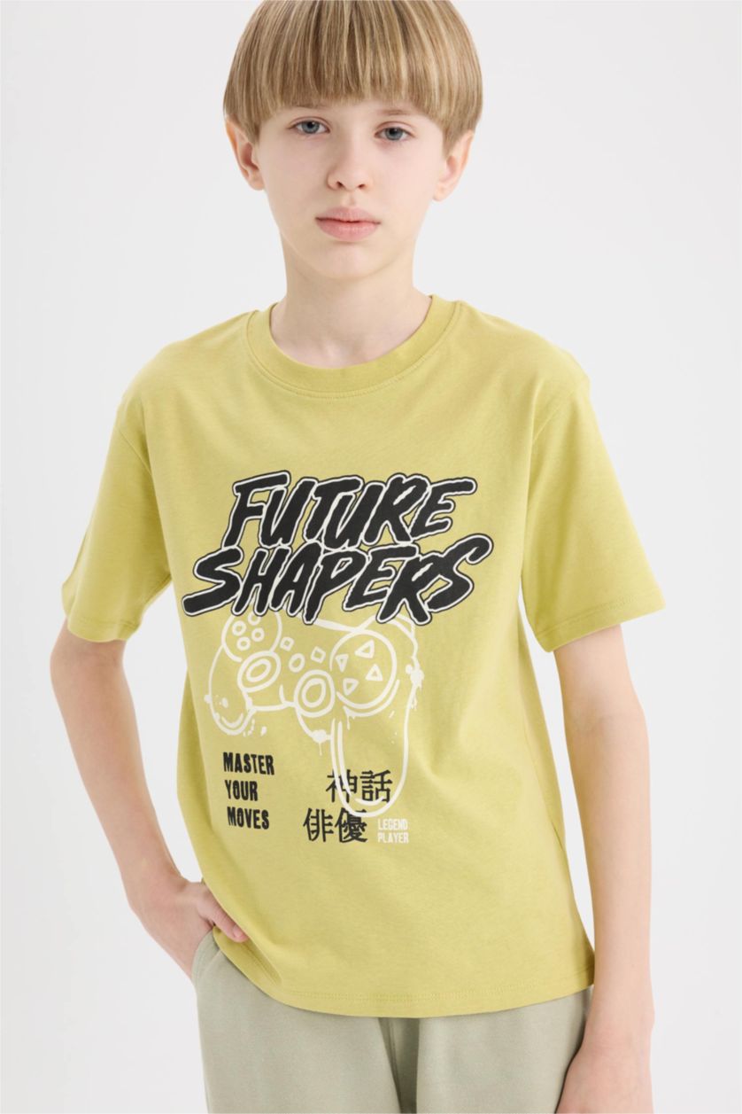 Erkek Çocuk - Genç Erkek Açık Zeytin Yeşili Bisiklet Yaka Baskılı Kısa Kollu Tişört Erkek Çocuk