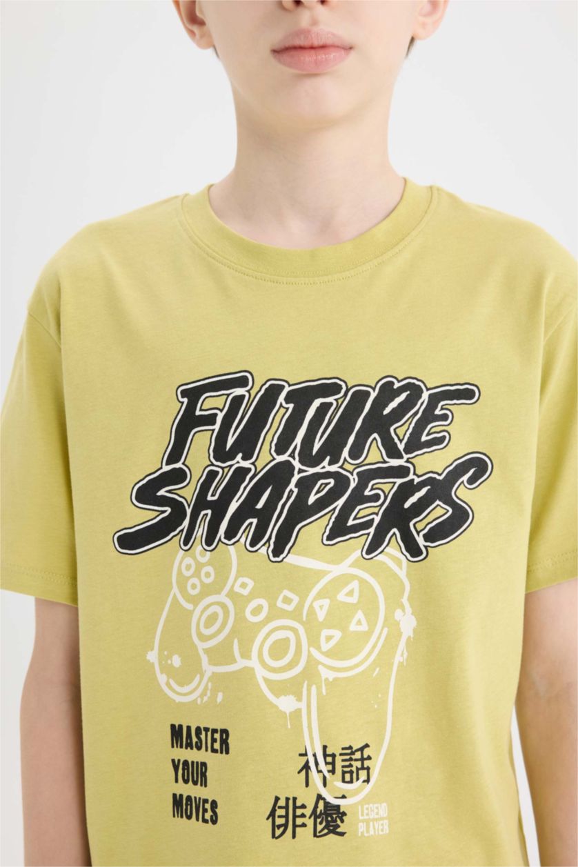 Erkek Çocuk - Genç Erkek Açık Zeytin Yeşili Bisiklet Yaka Baskılı Kısa Kollu Tişört Erkek Çocuk