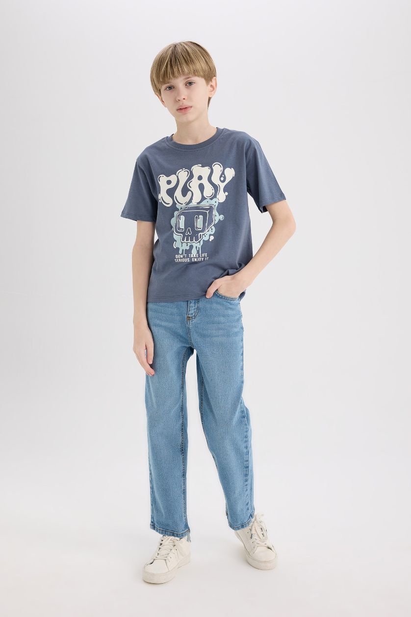 Erkek Çocuk - Genç Erkek İndigo Bisiklet Yaka Baskılı Kısa Kollu Tişört Erkek Çocuk