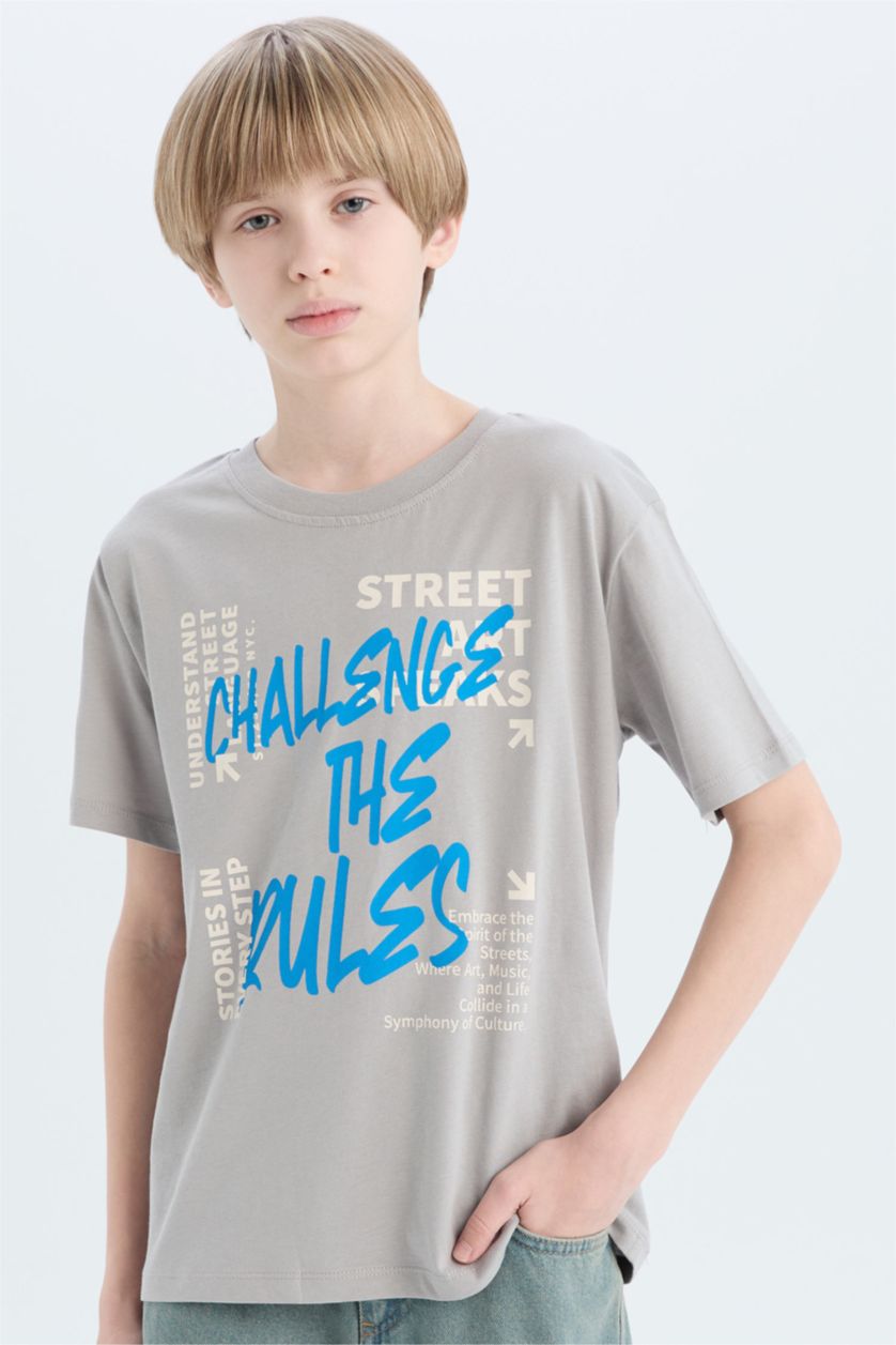 Erkek Çocuk - Genç Erkek Gri Bisiklet Yaka Baskılı Kısa Kollu Tişört Erkek Çocuk
