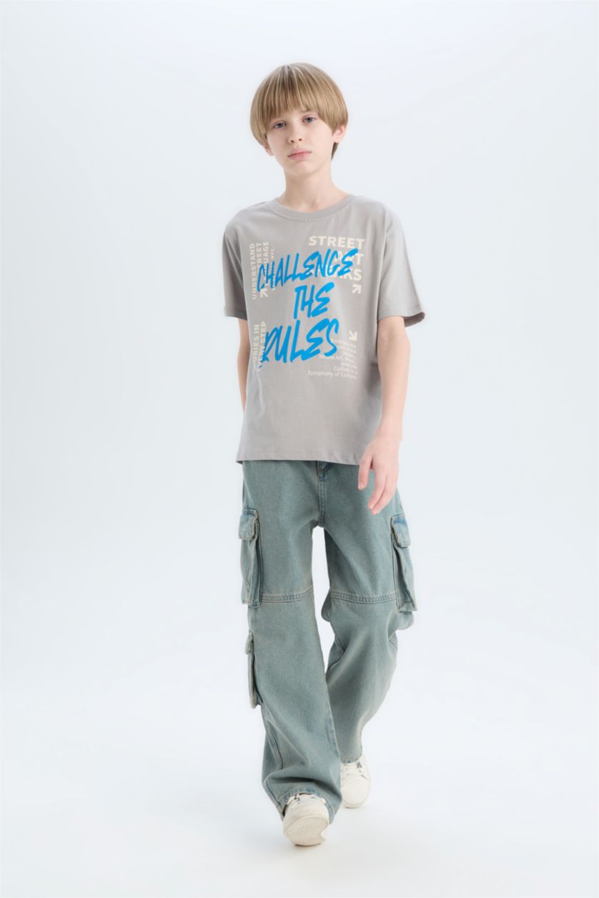 Erkek Çocuk - Genç Erkek Gri Bisiklet Yaka Baskılı Kısa Kollu Tişört Erkek Çocuk