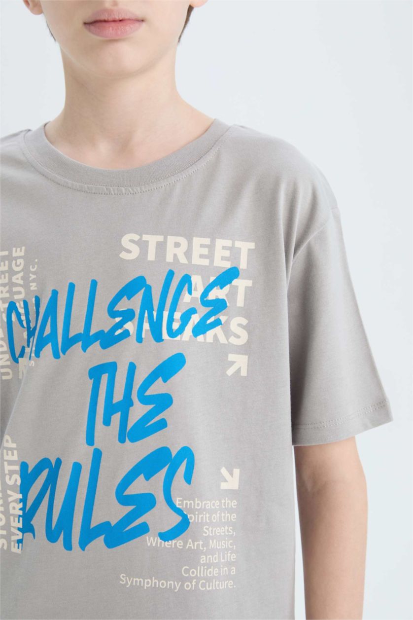 Erkek Çocuk - Genç Erkek Gri Bisiklet Yaka Baskılı Kısa Kollu Tişört Erkek Çocuk