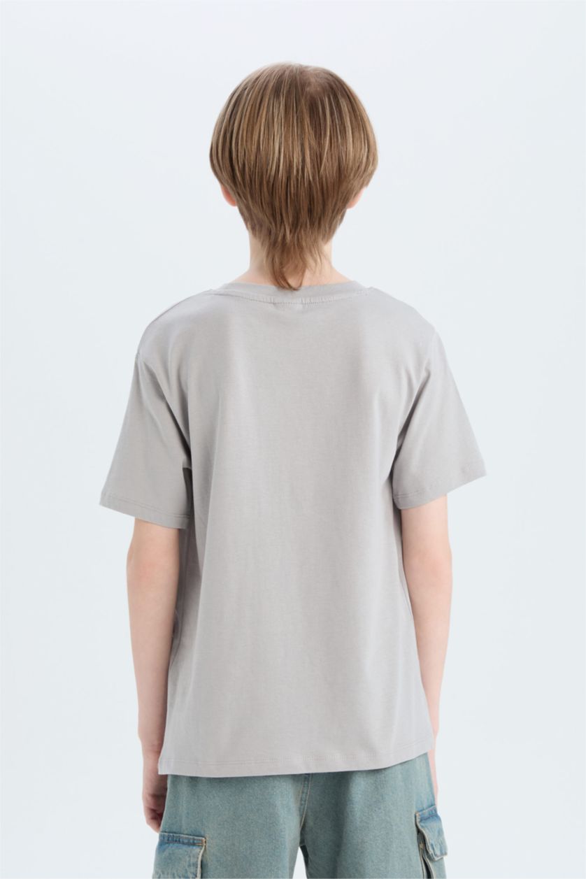 Erkek Çocuk - Genç Erkek Gri Bisiklet Yaka Baskılı Kısa Kollu Tişört Erkek Çocuk