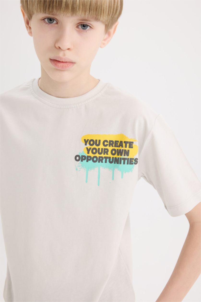 Erkek Çocuk - Genç Erkek Açık Gri Bisiklet Yaka Baskılı Kısa Kollu Tişört Erkek Çocuk