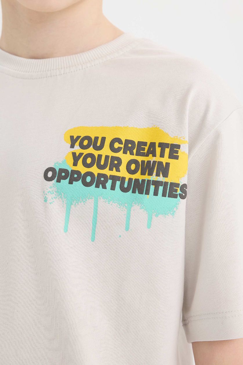 Erkek Çocuk - Genç Erkek Açık Gri Bisiklet Yaka Baskılı Kısa Kollu Tişört Erkek Çocuk