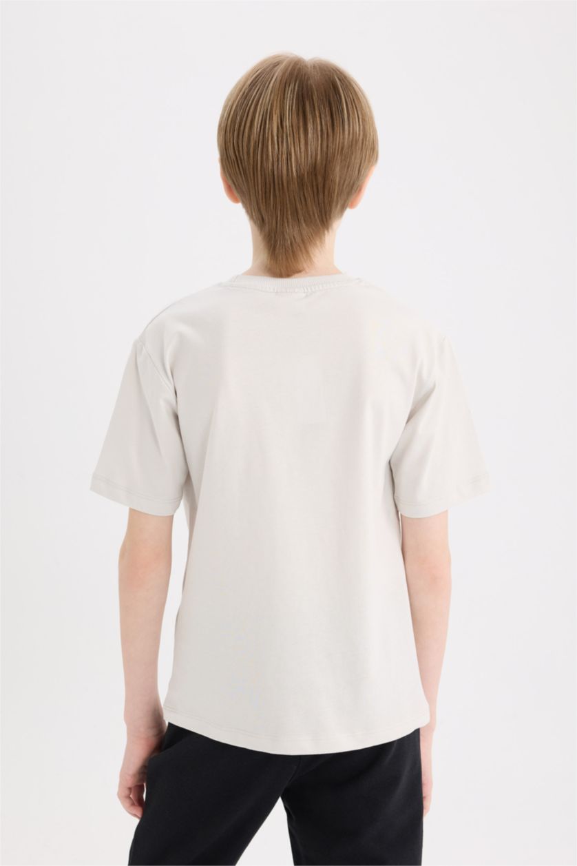 Erkek Çocuk - Genç Erkek Açık Gri Bisiklet Yaka Baskılı Kısa Kollu Tişört Erkek Çocuk