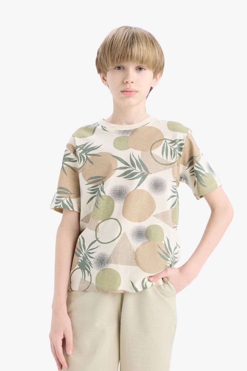 Erkek Çocuk - Genç Erkek Kum Bisiklet Yaka Desenli Kısa Kollu Tişört Erkek Çocuk