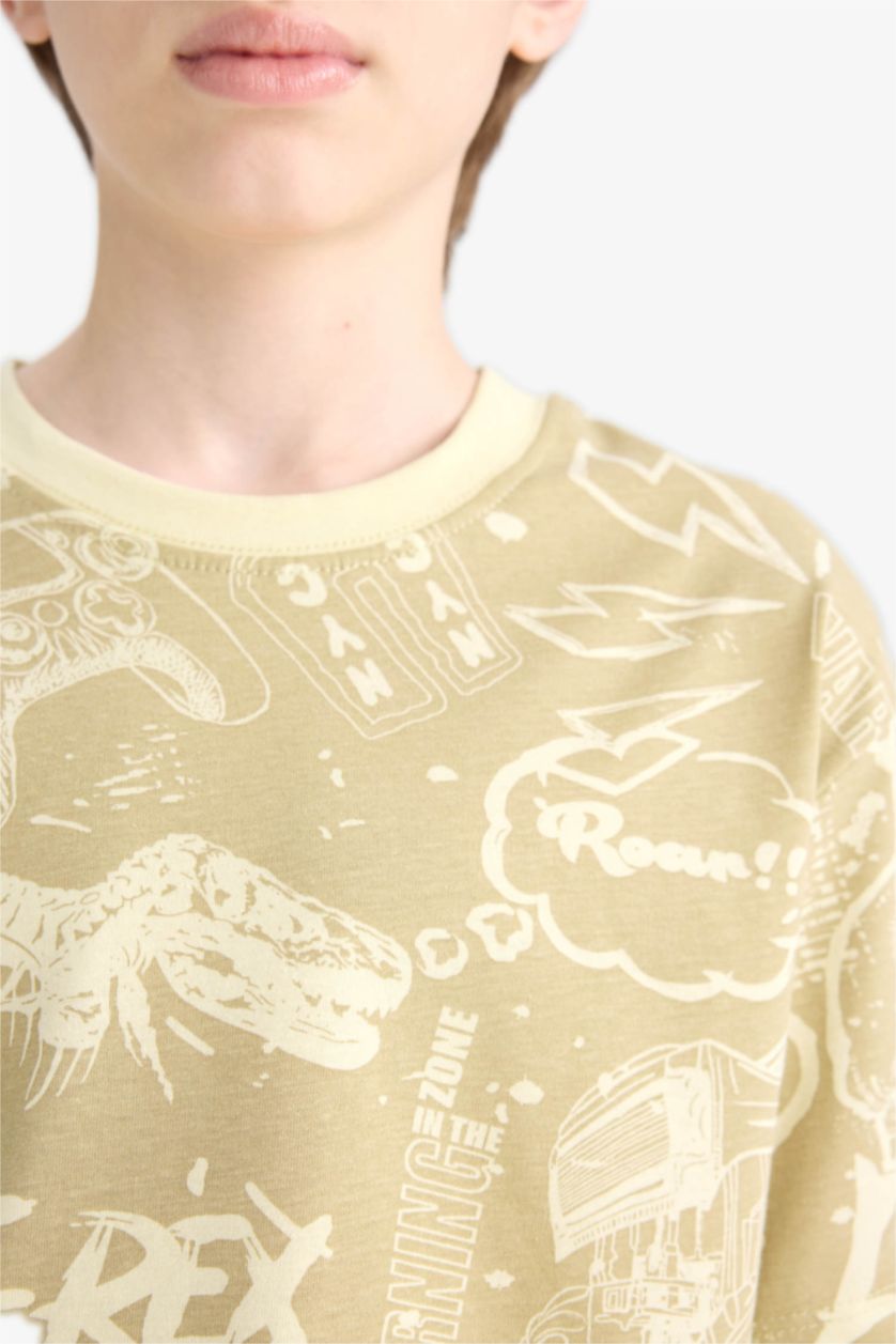 Erkek Çocuk - Genç Erkek Açık Haki Bisiklet Yaka Desenli Kısa Kollu Tişört Erkek Çocuk