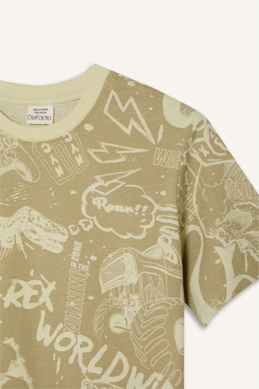 Erkek Çocuk - Genç Erkek Açık Haki Bisiklet Yaka Desenli Kısa Kollu Tişört Erkek Çocuk