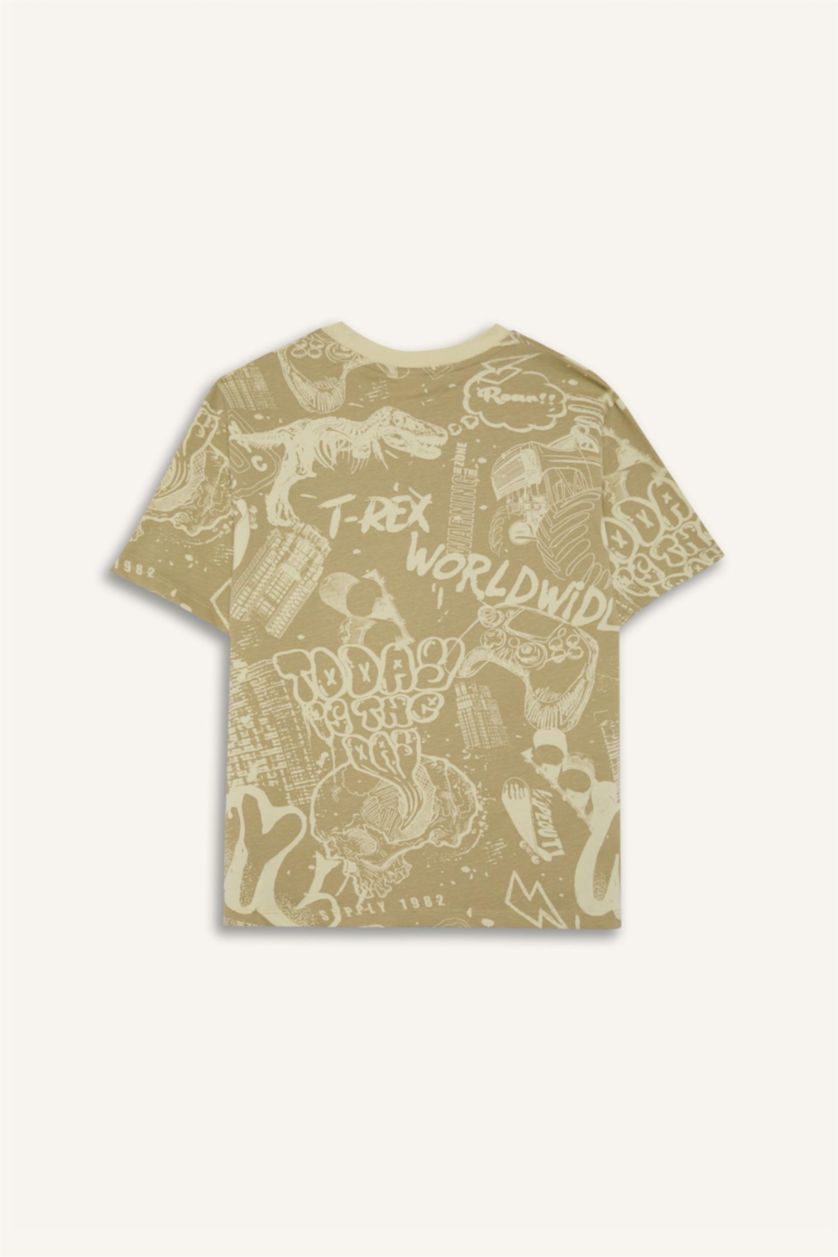 Erkek Çocuk - Genç Erkek Açık Haki Bisiklet Yaka Desenli Kısa Kollu Tişört Erkek Çocuk