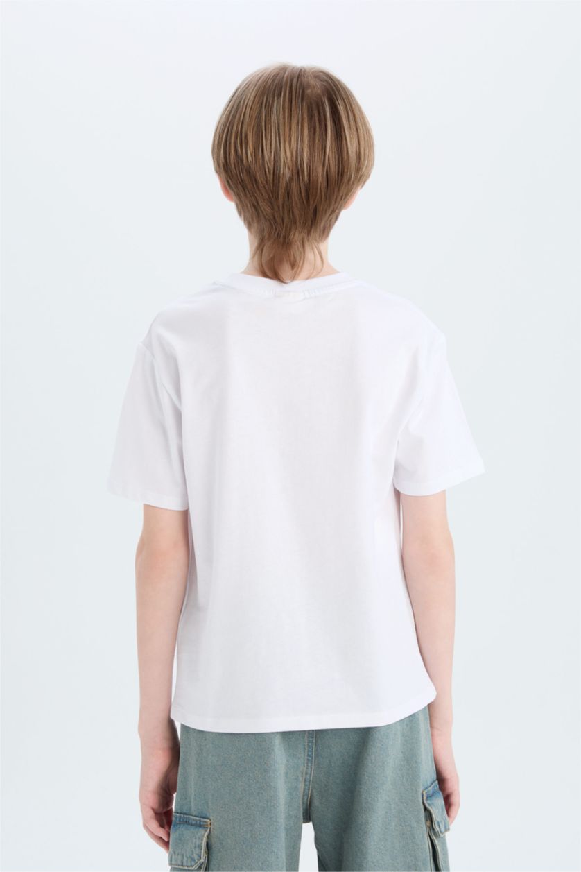 Erkek Çocuk - Genç Erkek Beyaz Bisiklet Yaka Nakışlı Kısa Kollu Tişört Erkek Çocuk