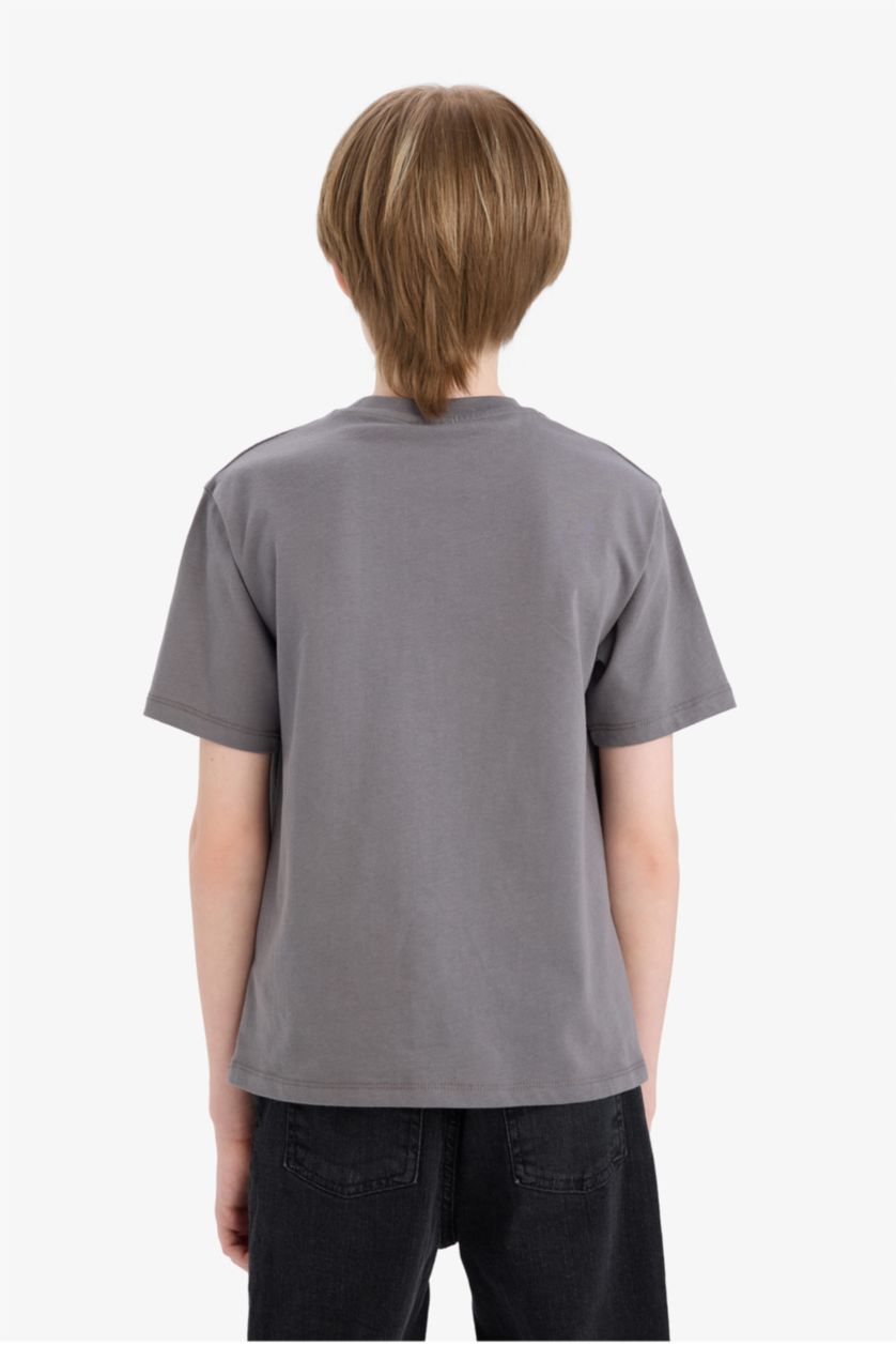 Erkek Çocuk - Genç Erkek Açık Antrasit Bisiklet Yaka Kaykay Baskılı Kısa Kollu Tişört Erkek Çocuk