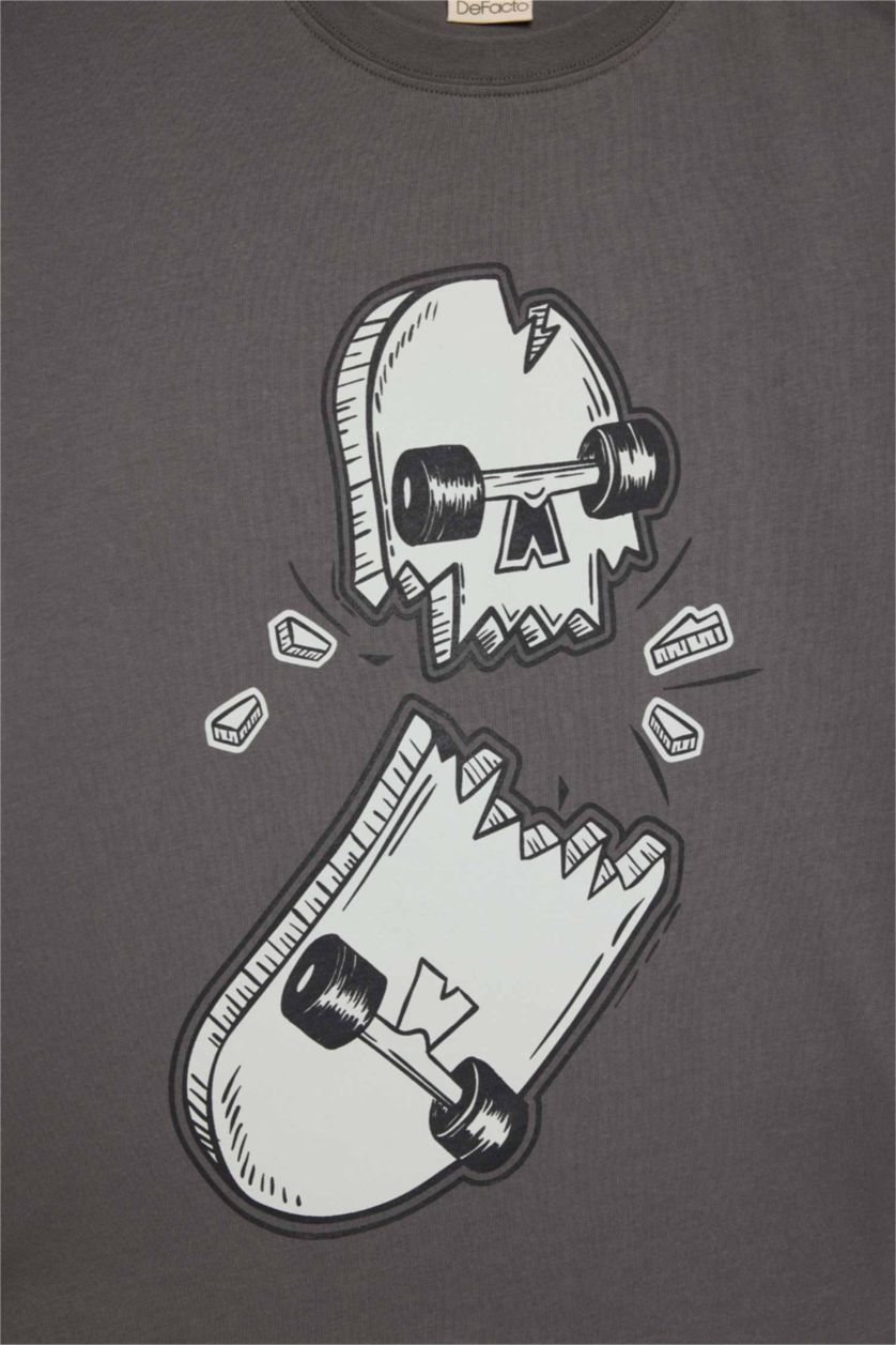 Erkek Çocuk - Genç Erkek Açık Antrasit Bisiklet Yaka Kaykay Baskılı Kısa Kollu Tişört Erkek Çocuk