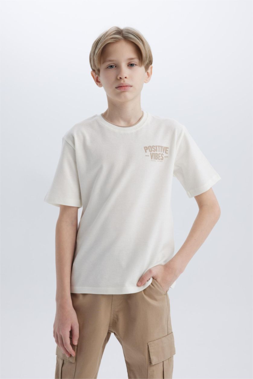 Boys & Teens White Boy Crew Neck Printed Pique Short Sleeve T-Shirt