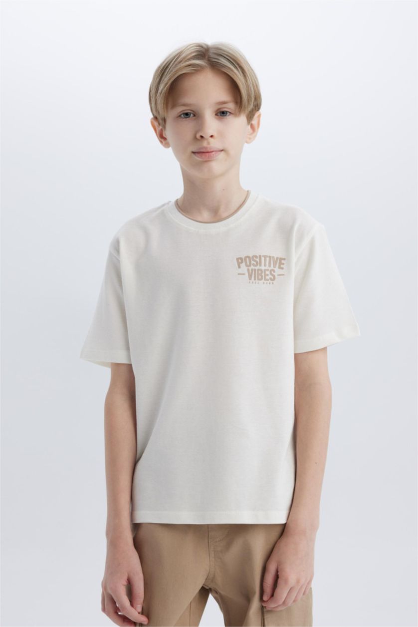 Boys & Teens White Boy Crew Neck Printed Pique Short Sleeve T-Shirt