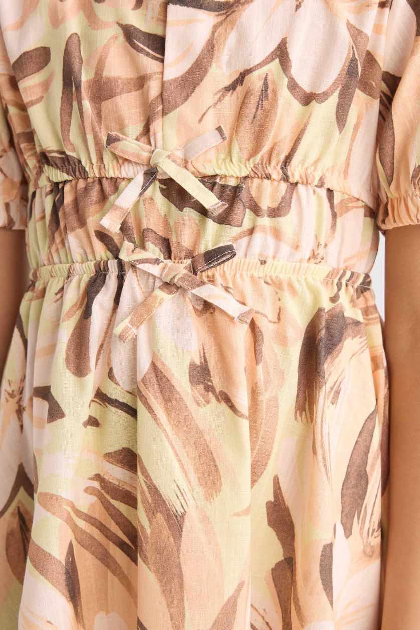 Kız Çocuk - Genç Kız Açık Kahve Pamuklu Desenli Kısa Kollu Yazlık Elbise Kız Çocuk