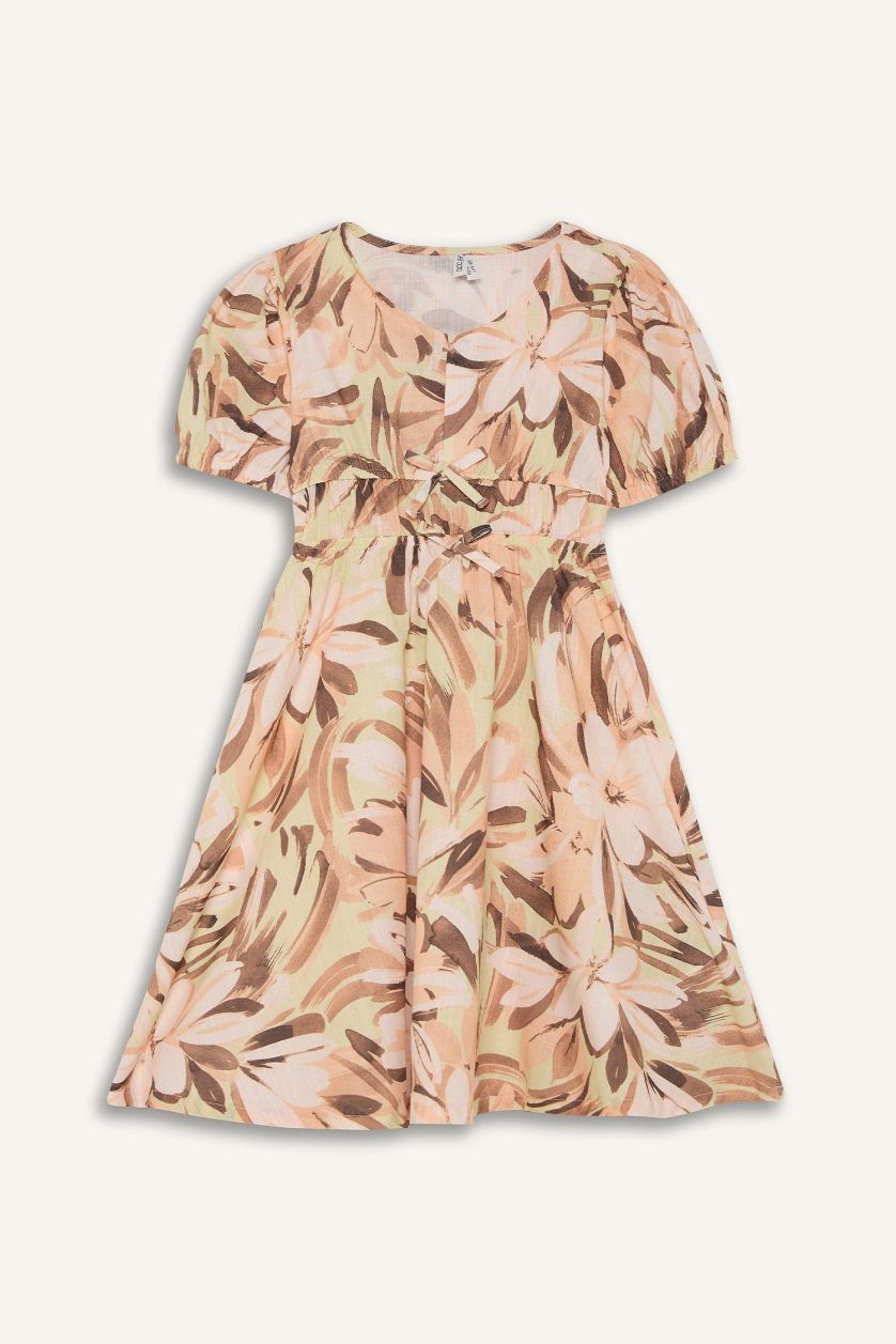 Kız Çocuk - Genç Kız Açık Kahve Pamuklu Desenli Kısa Kollu Yazlık Elbise Kız Çocuk