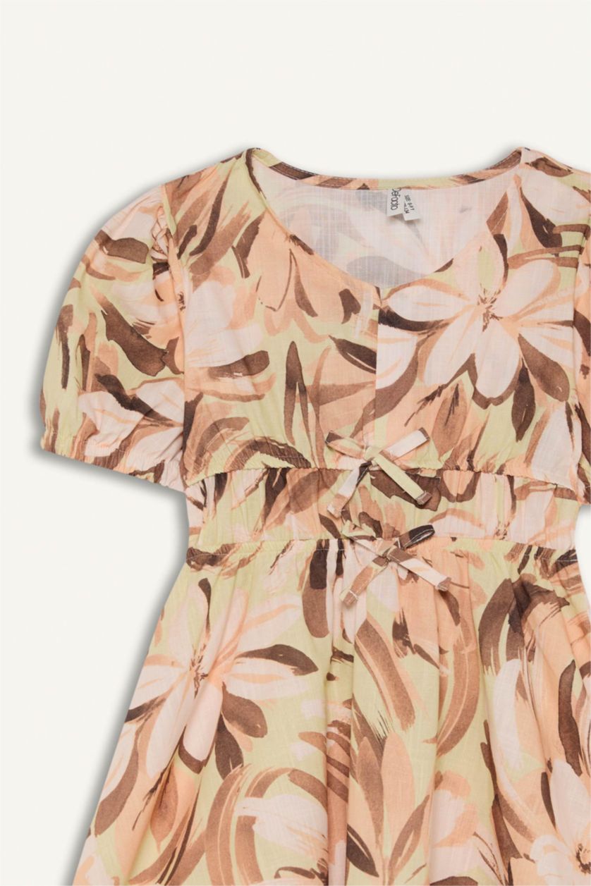 Kız Çocuk - Genç Kız Açık Kahve Pamuklu Desenli Kısa Kollu Yazlık Elbise Kız Çocuk