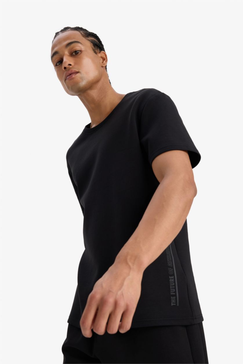 Erkek Siyah Standart Fit Modal Kumaş Bisiklet Yaka Baskılı Sporcu Kısa Kollu Tişört