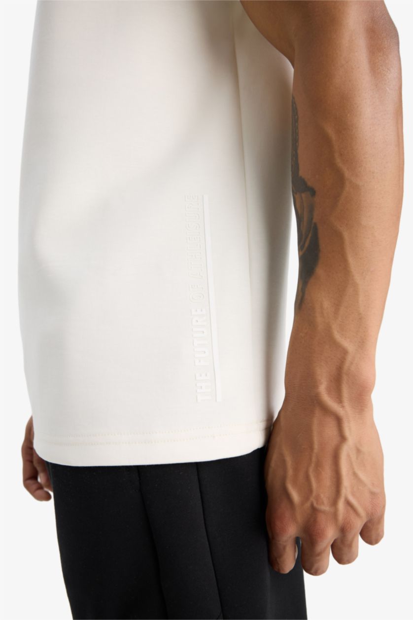 Erkek Ekru Standart Fit Modal Kumaş Bisiklet Yaka Baskılı Sporcu Kısa Kollu Tişört