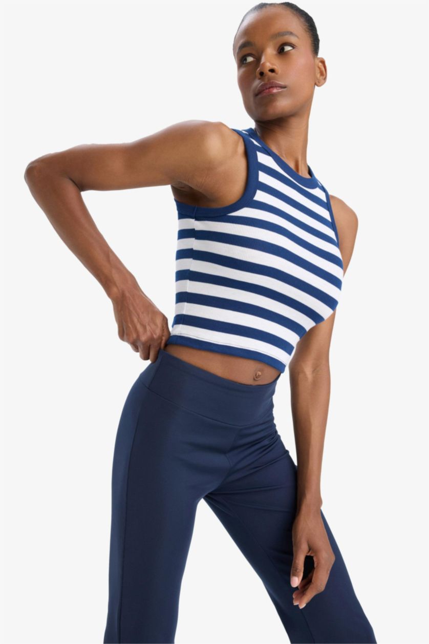 Kadın Lacivert Standart Fit Çizgili Bisiklet Yaka Sporcu Atlet