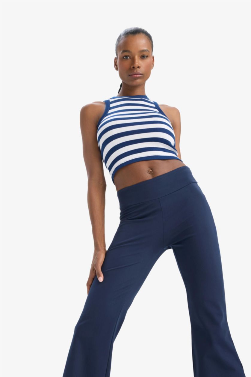 Kadın Lacivert Standart Fit Çizgili Bisiklet Yaka Sporcu Atlet