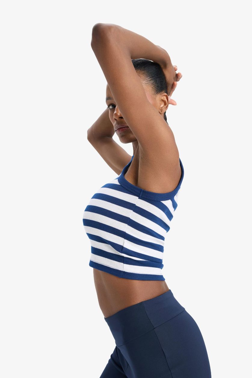 Kadın Lacivert Standart Fit Çizgili Bisiklet Yaka Sporcu Atlet
