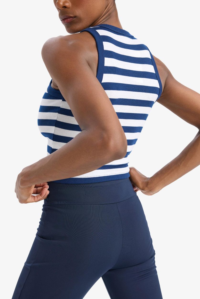 Kadın Lacivert Standart Fit Çizgili Bisiklet Yaka Sporcu Atlet