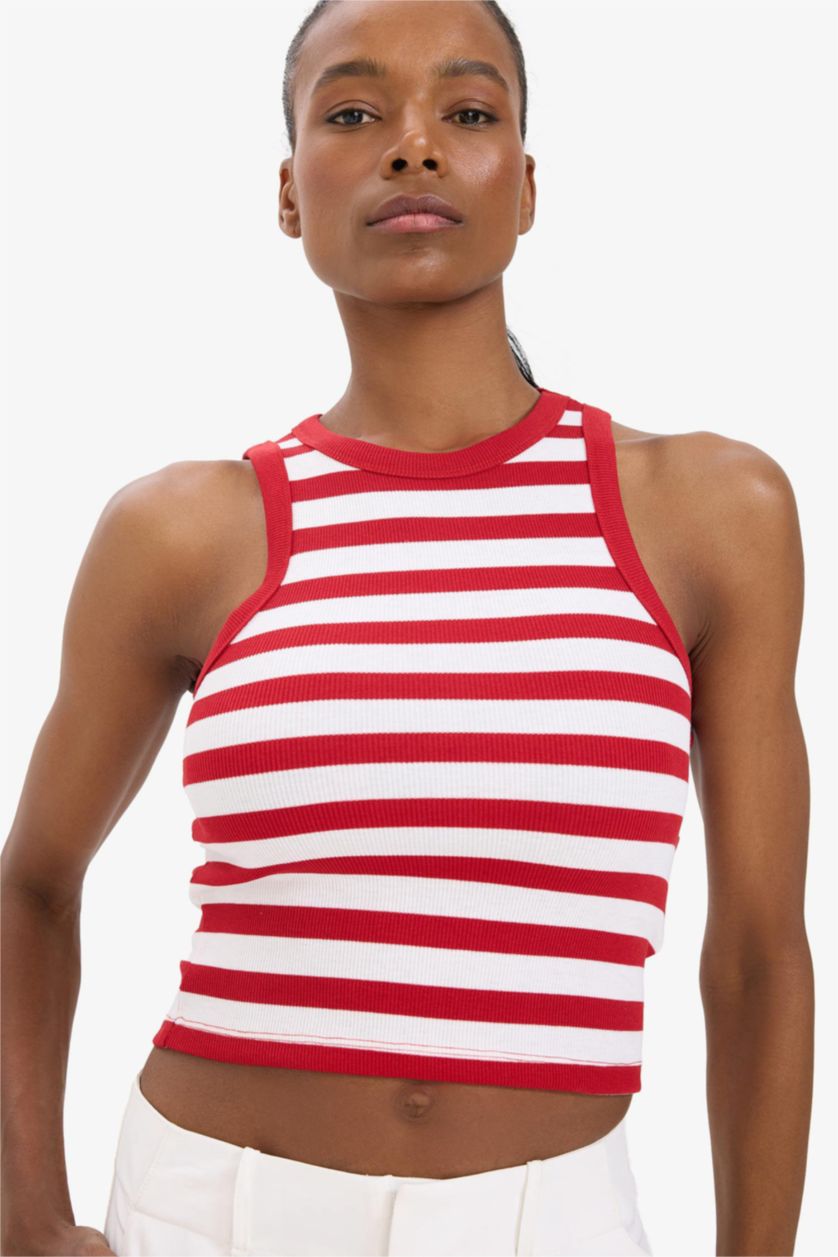 Kadın Kırmızı Standart Fit Çizgili Bisiklet Yaka Sporcu Atlet