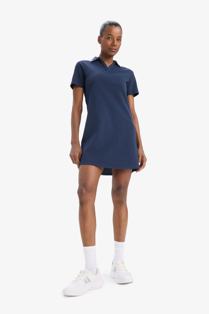 Kadın Lacivert Standart Fit Polo Yaka Pike Kısa Kollu Mini Sporcu Elbise