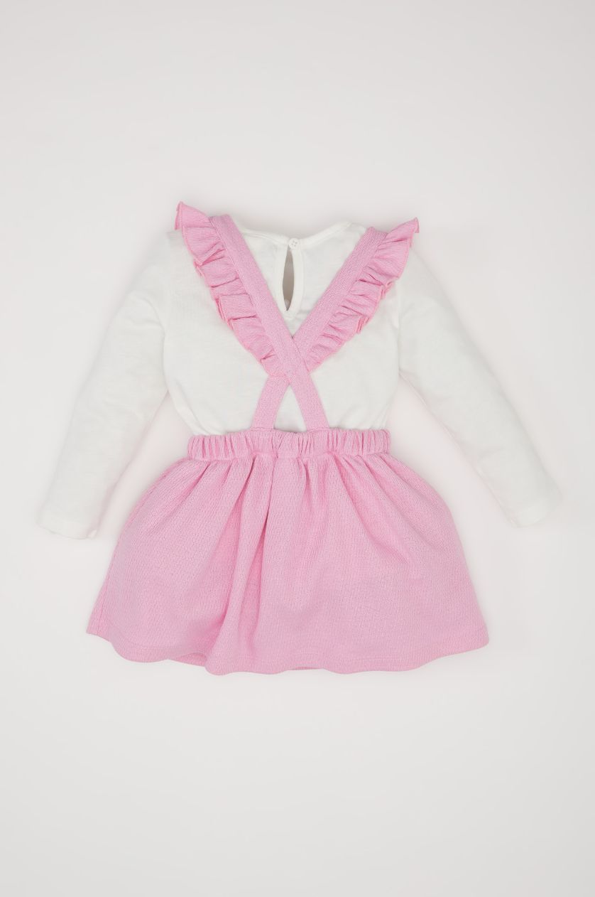 Kız Bebek Pembe 2'li Takım Uzun Kollu Üst Askılı Salopet Elbise Kız Bebek