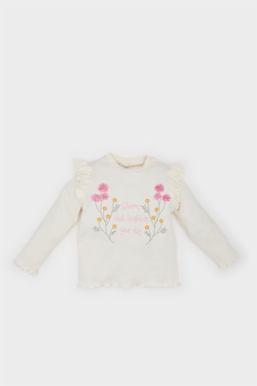 طفلة صغيرة بيج فاتح تيشيرت ردن طويل مضلع فلورال قصة عادية بياقة مستديرة