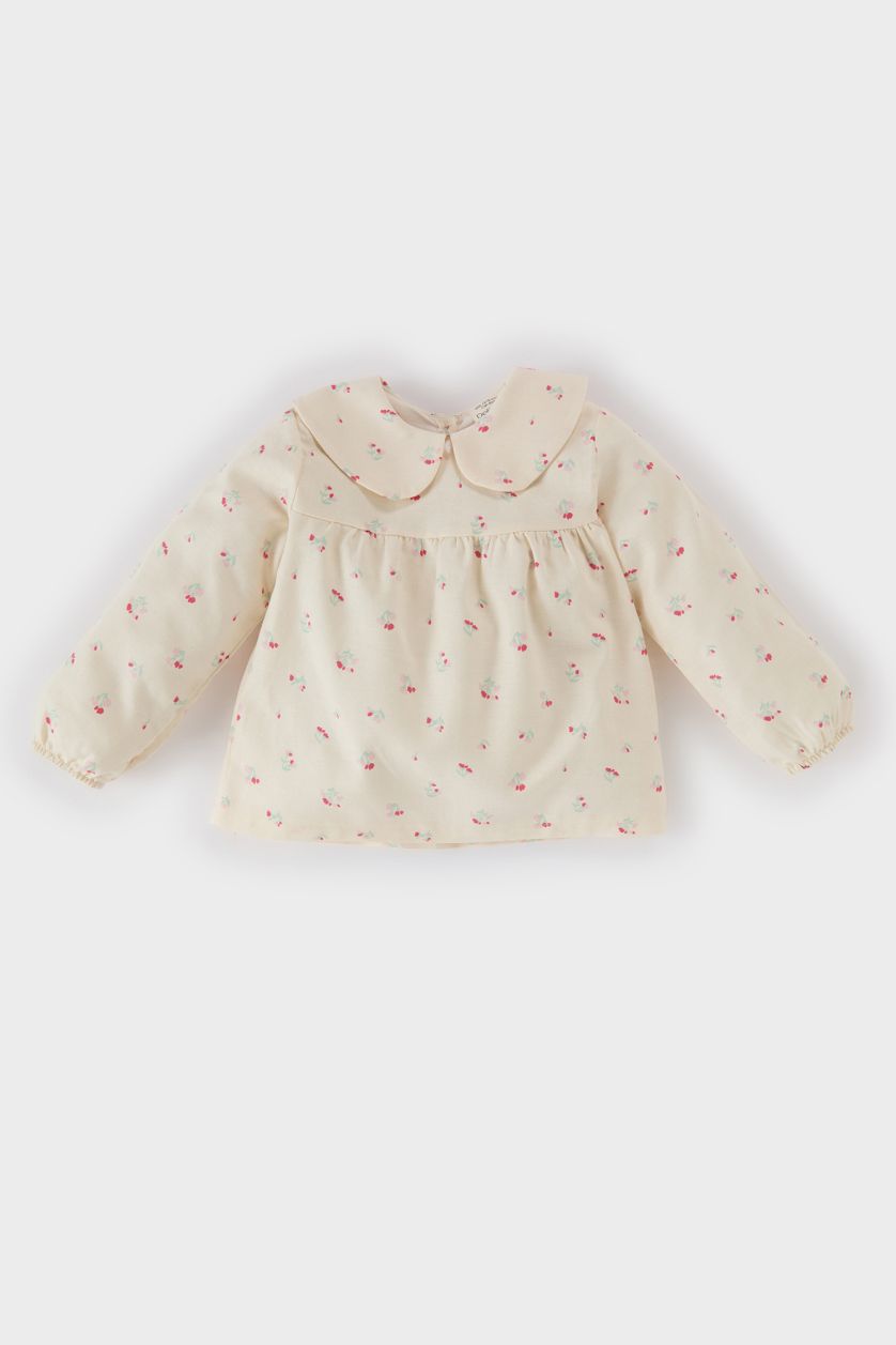 Baby Girl Ecru Baby Girl Baby Collar Floral Twill Long Sleeve Shirt