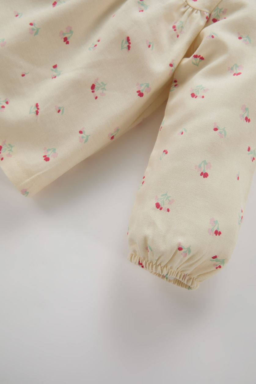 Baby Girl Ecru Baby Girl Baby Collar Floral Twill Long Sleeve Shirt