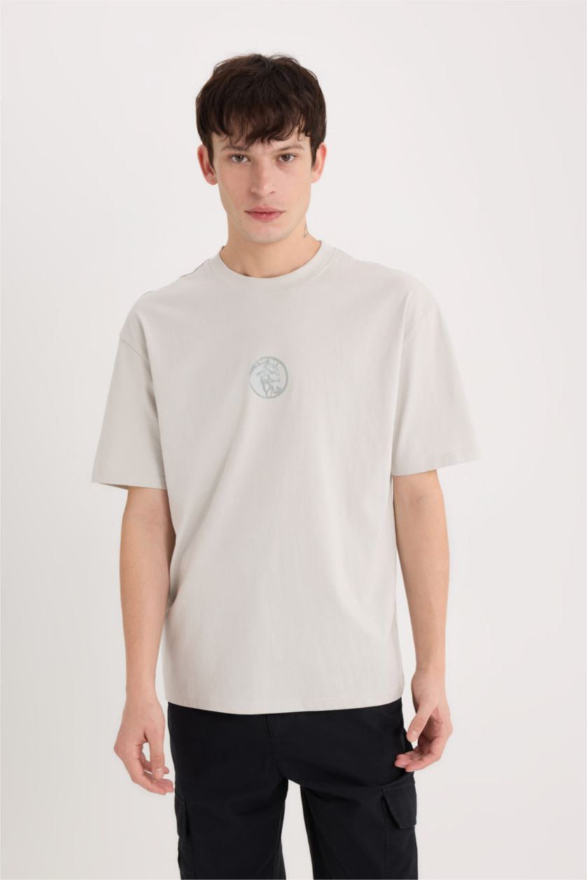 MAN Light Grey Boxy Fit Crew Neck Printed Short Sleeve T-Shirt